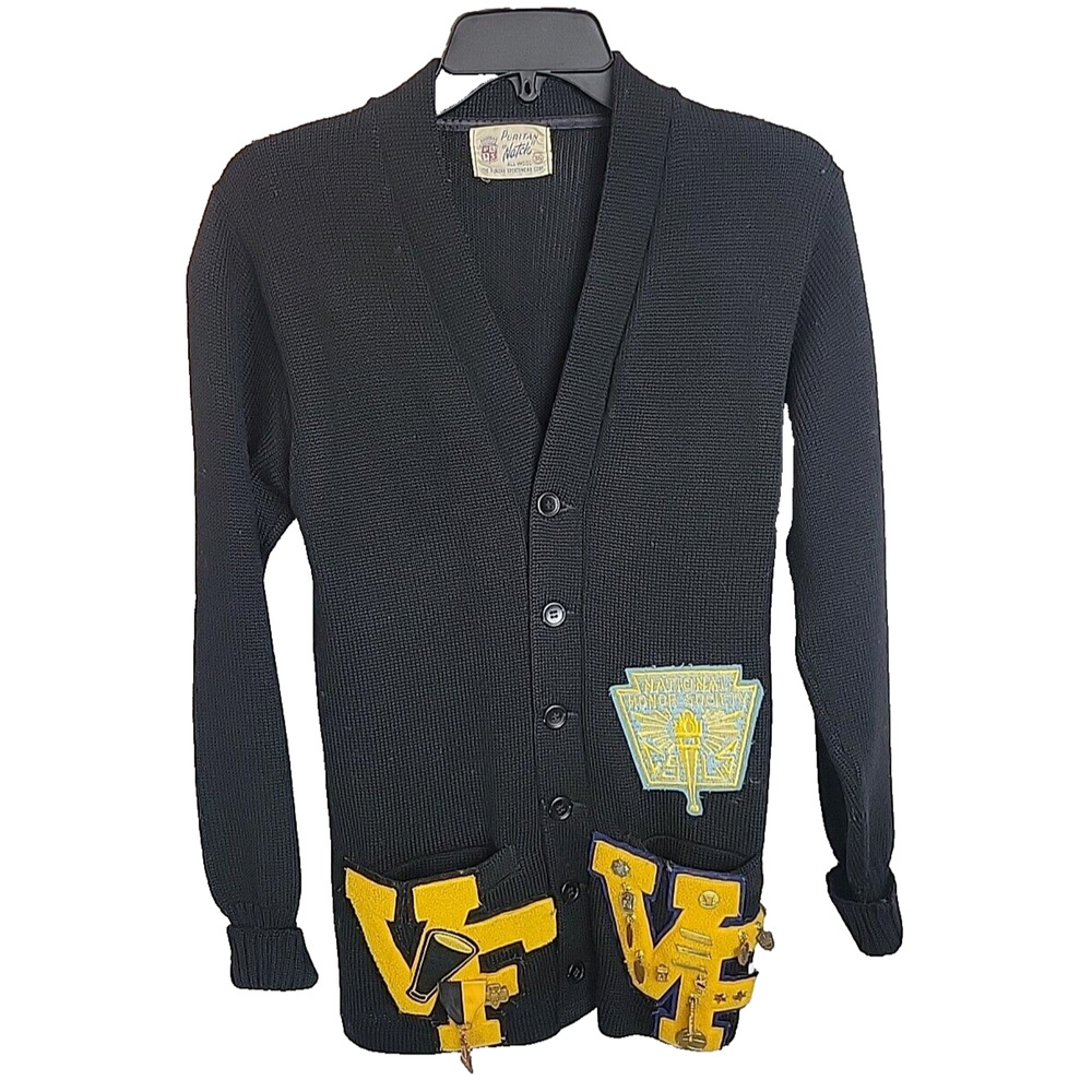 Vintage Academia Medals Puritan Natch Black Letterman Wool Sweater Mens Sz Small